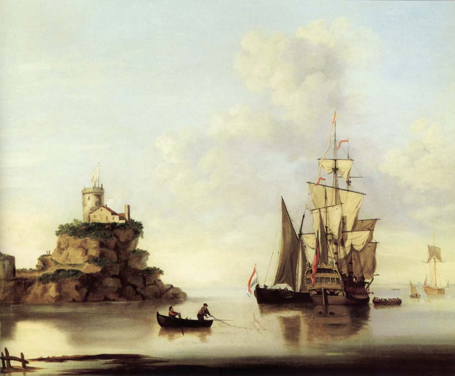 An English two-deker and a Dutch barge at anchor off a coastal fort